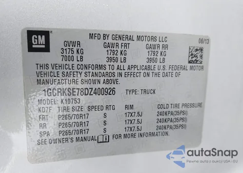 2013 Chevrolet Silverado 1500 Lt z USA, uszkodzony, nr VIN 1GCRKSE78DZ400926